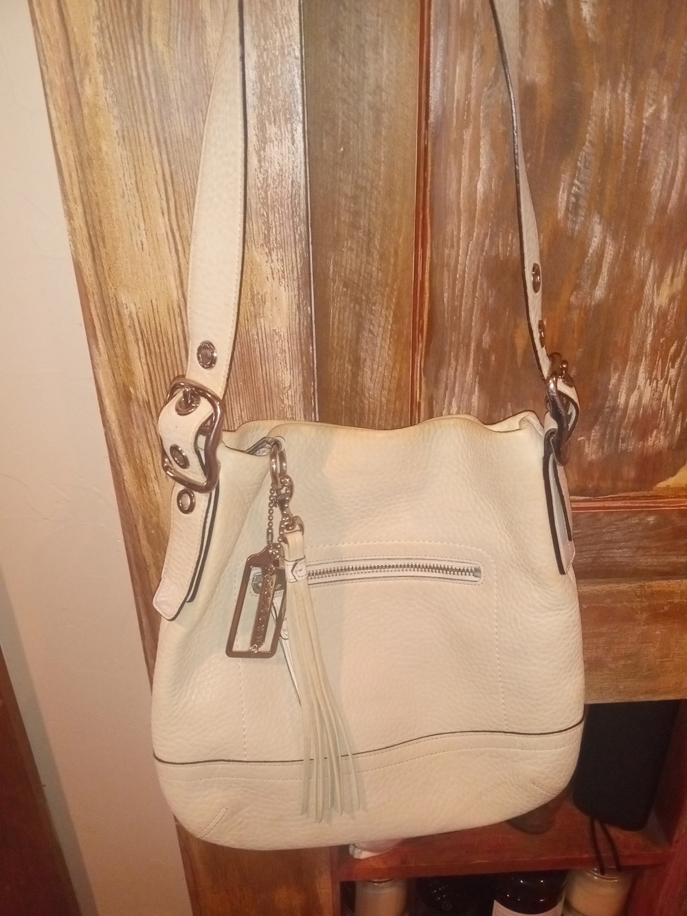 Coach Cream Pebbled Leather Hobo with Tassel Charm